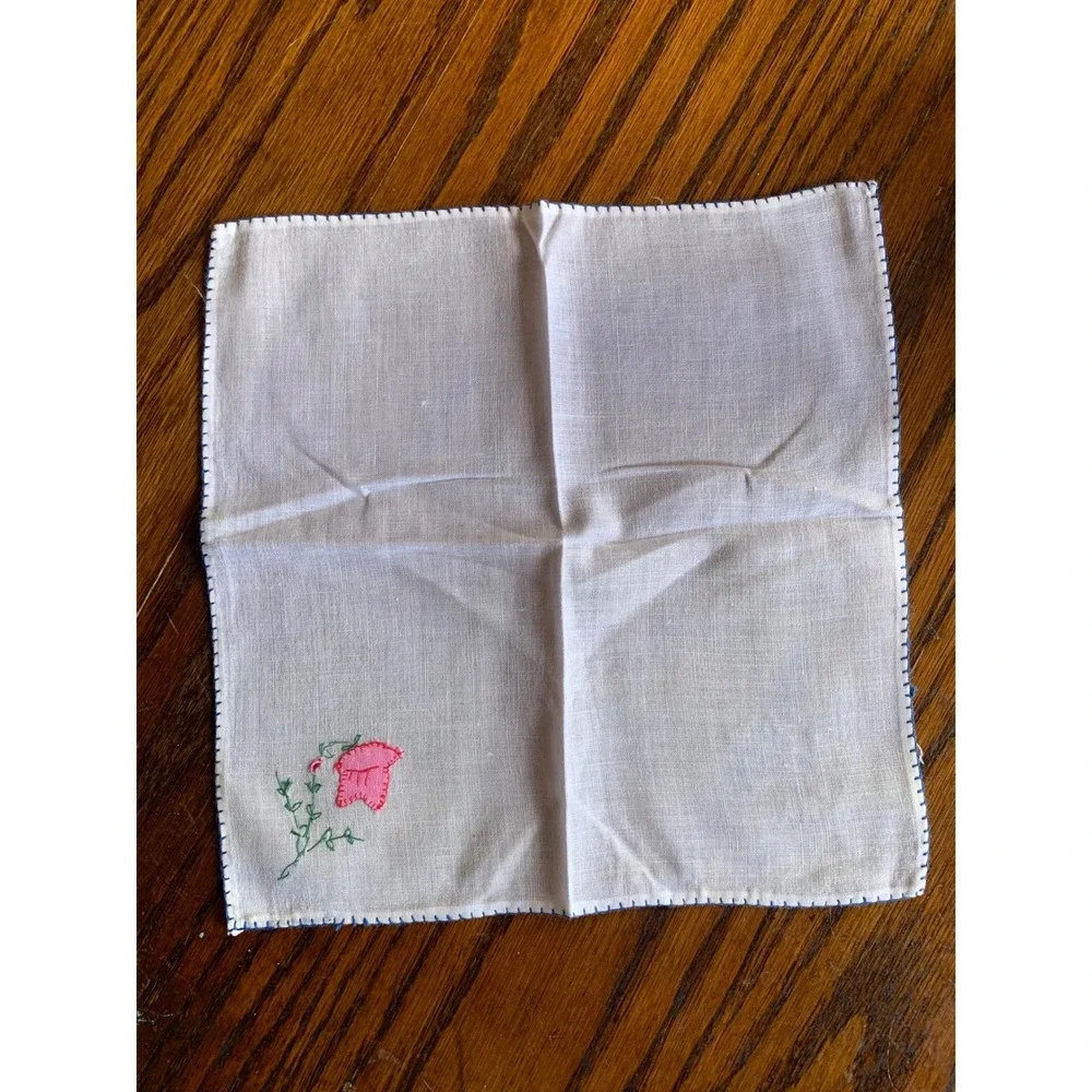 Vintage Hand Embroidered Floral Linen Cocktail Napkin Set of 5 White Pink Blue